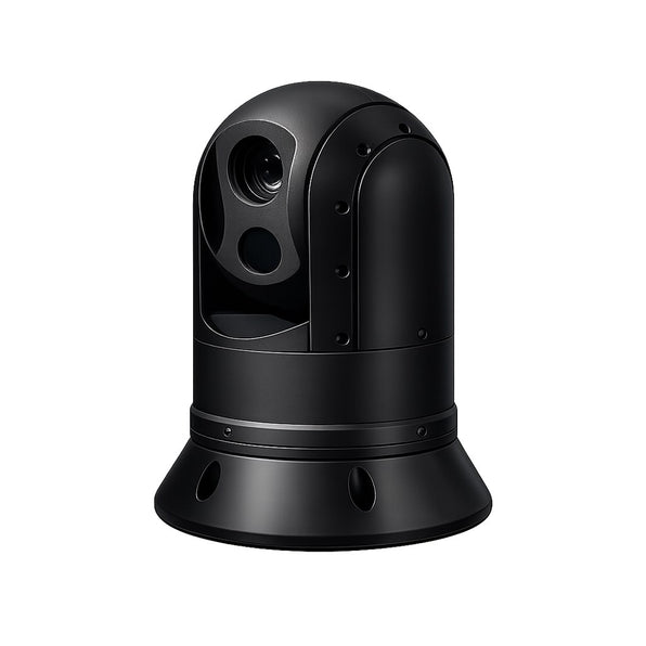 Iris ATOM A395 dual-payload thermal and day IP PTZ camera, black, 00108-001, black head with two lenses on a flared base