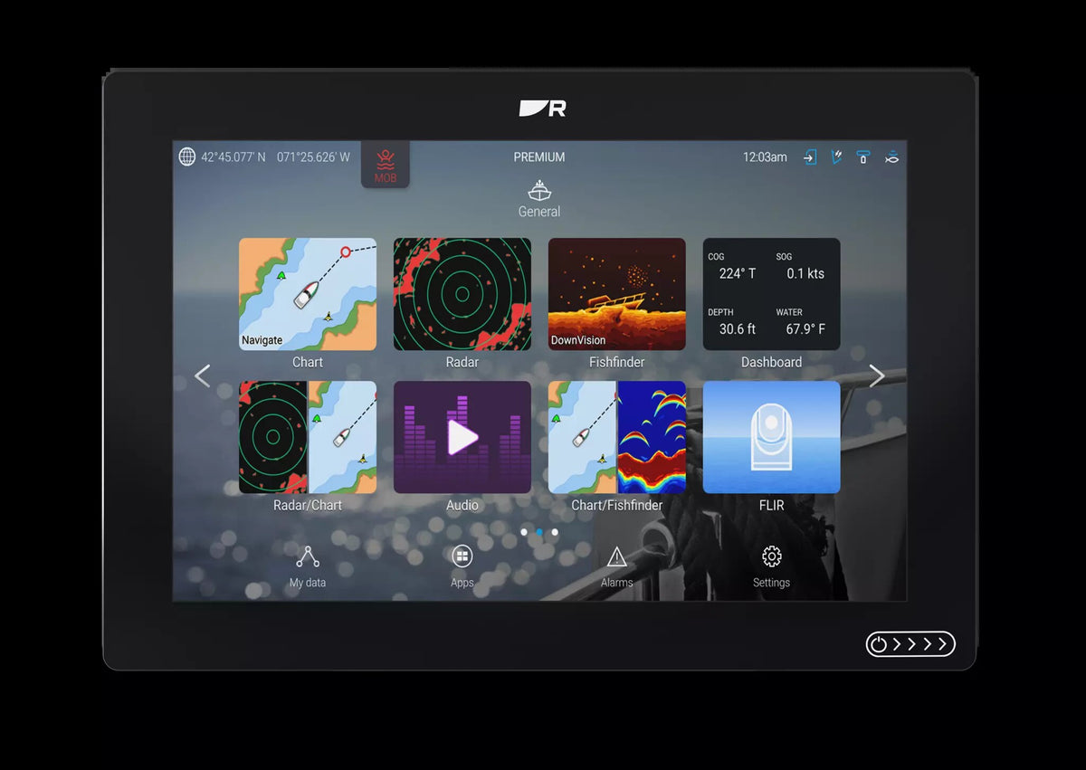 Raymarine E70724 Axiom 2 12, front view of black display showing a home screen of radar, sonar and chart tiles