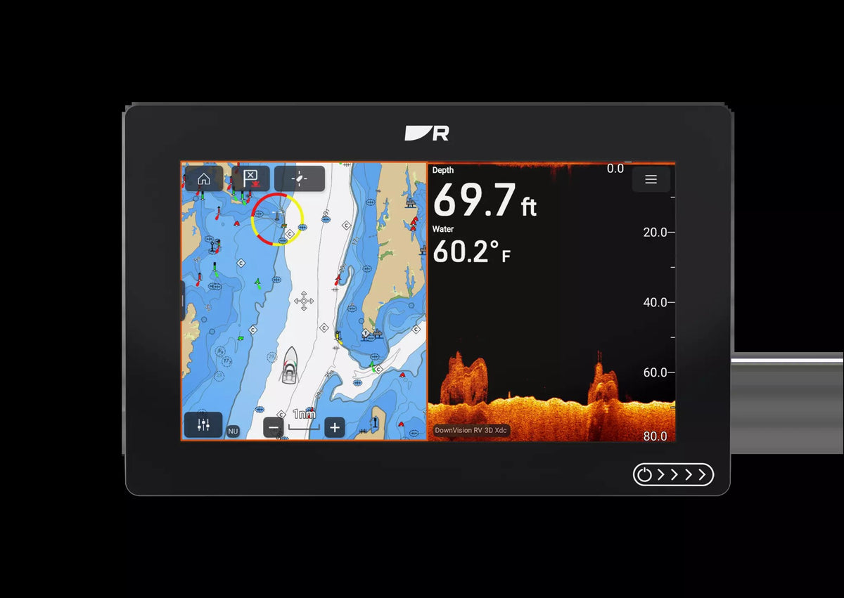 Raymarine E70723-03-WEU Axiom 2 9 RV, black display showing a harbour chart beside a sonar image at 69.7 ft