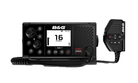 B&G 000-14471-001 V60 DSC VHF radio with integrated AIS receiver, black radio showing channel 16 and a handset