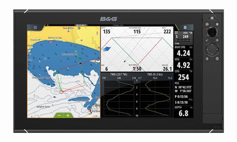 B&G 000-15413-001 Zeus3 S 16 MFD, front view of a black display showing a chart and sailing dials