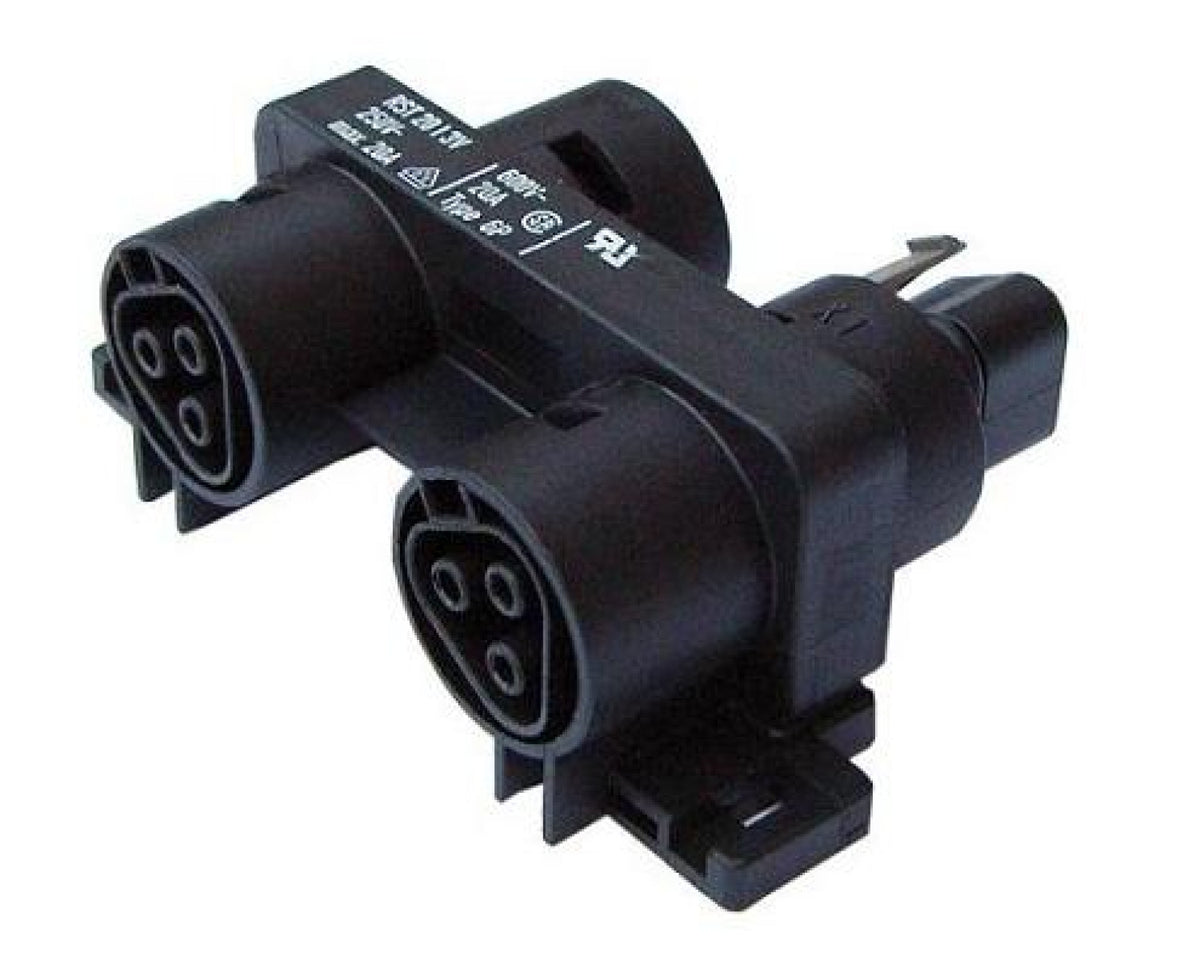 Ratio splitter AC16-06 16A 230V 1:3, black moulded splitter block with round socket openings and a mounting foot