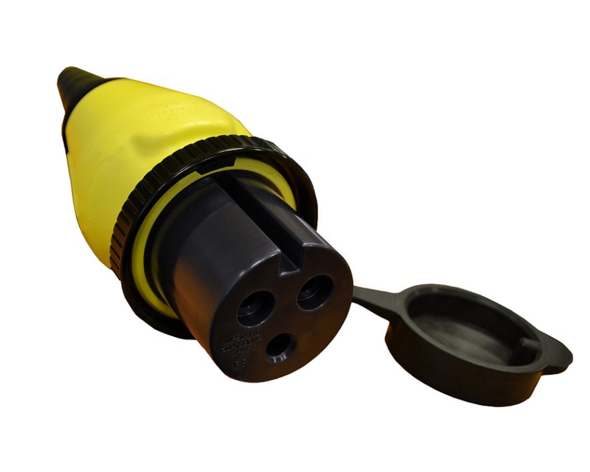 Ratio coupler for Ratio shorepower inlet 50A 250V, MP50-110, yellow and black round female coupler with its cap open