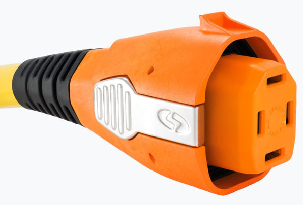 SmartPlug BF50 coupler 50A 240V, orange female coupler body with a white locking latch, black strain relief, yellow cable