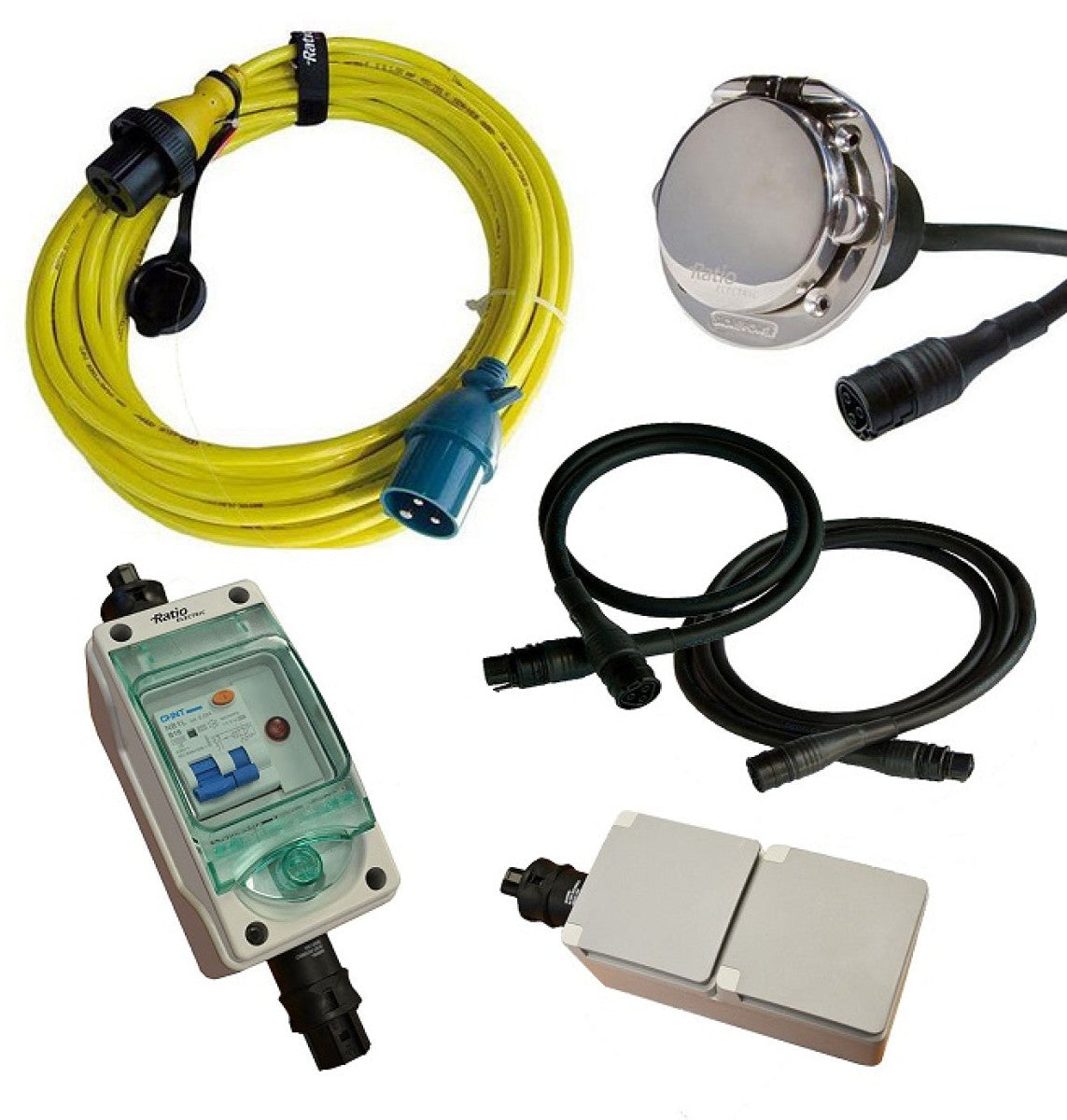 Ratio MP16 basic kit, max current 10A, AC16-BASICKIT, yellow shore cord, steel inlet, black cables, breaker box, socket