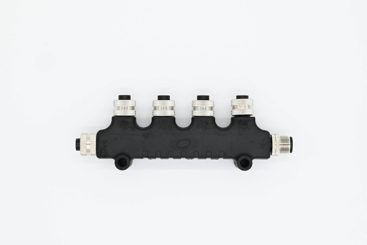 Oceanic Systems 3802-4 NMEA 2000 quad tee connector, long black connector with four round sockets on top