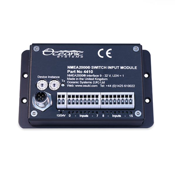 Oceanic Systems 4410 NMEA 2000 16-channel switch input module, dark box with two rotary switches and rows of terminals