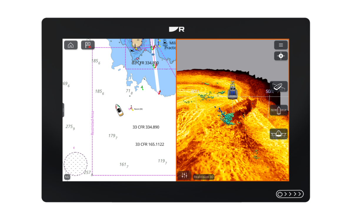 Raymarine Axiom+ 12 RV E70639-00-NEU multifunction display, front view with chart and sonar split screen showing