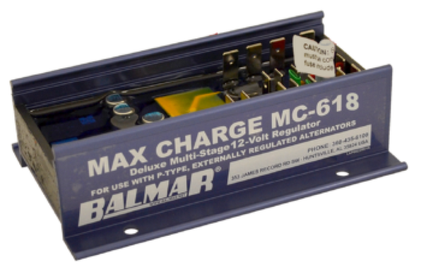 Balmar MC-618 multi-stage 12V regulator without harness, MC-618, blue Max Charge MC-618 box on a black ground