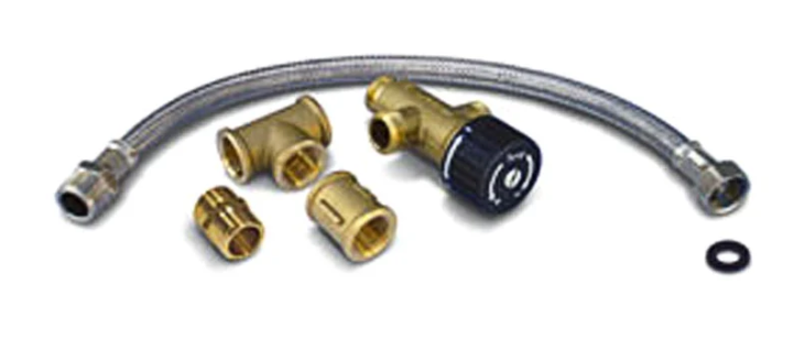 Quick FLKMT1500300A00 15003 thermostatic mixing valve kit spare, braided hose, brass fittings and a valve with a black dial