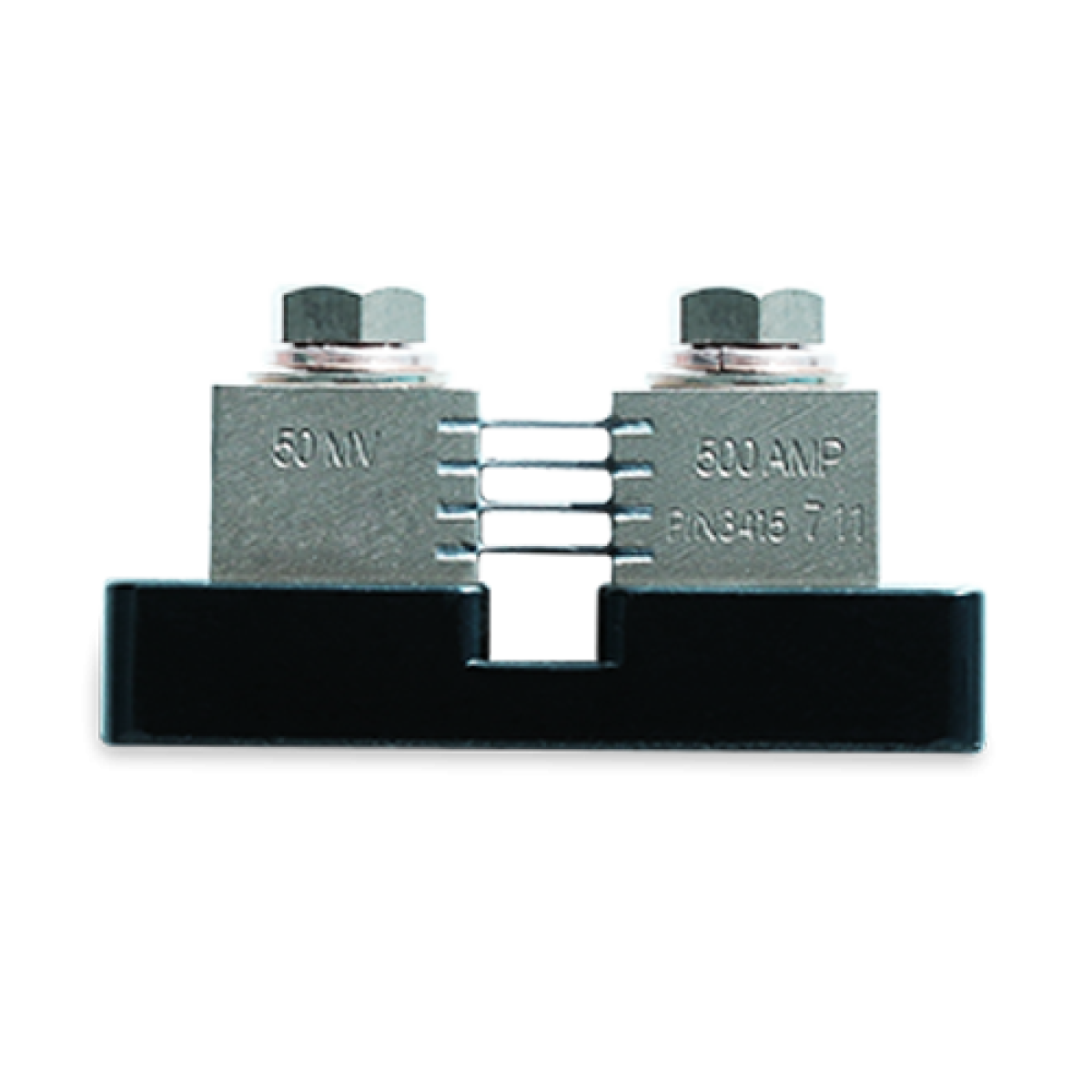 Oceanic Systems 3415 500A to +500A DC shunt, steel shunt with two bolts on a black base, labelled 500 AMP