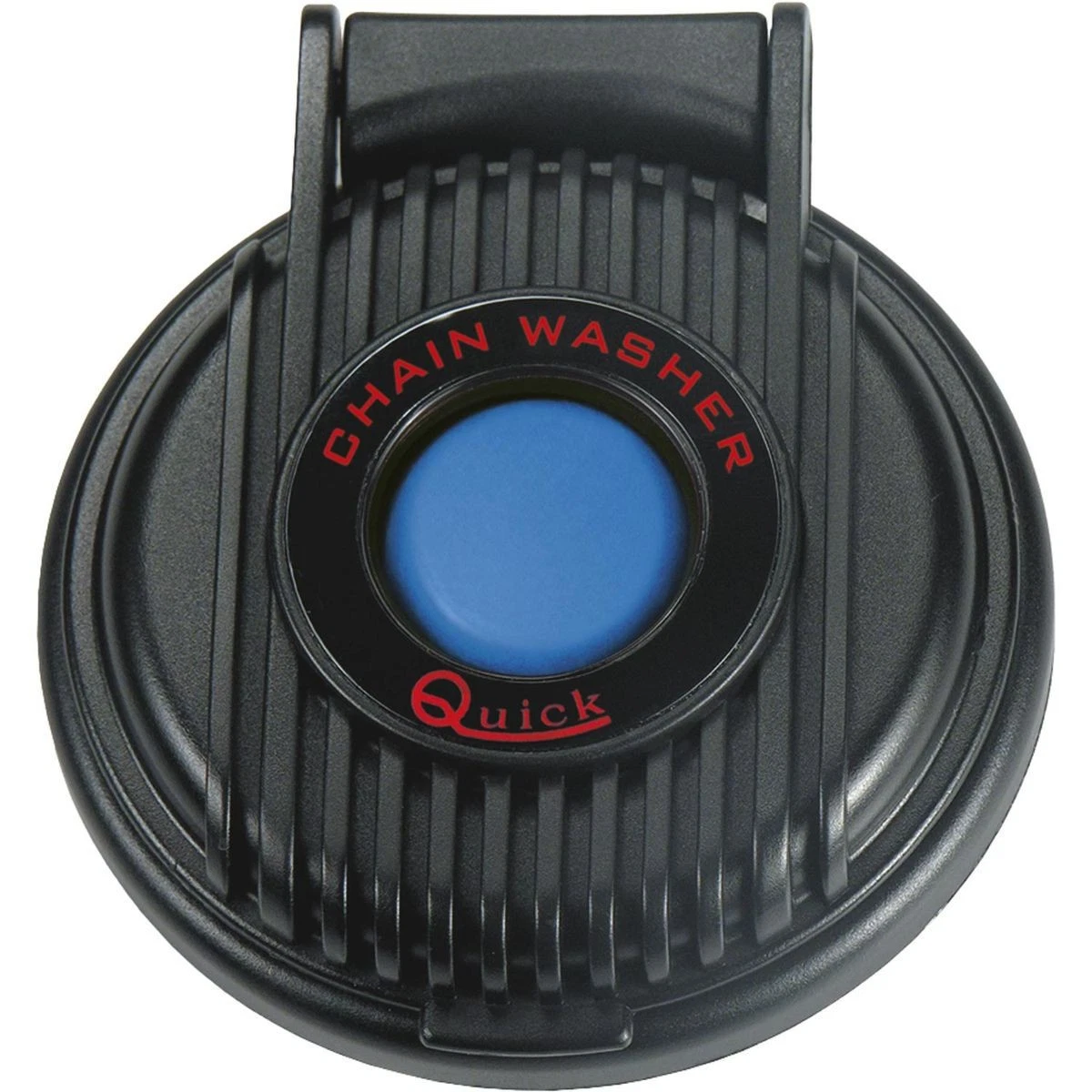 Quick FP900CB00000A00 900/CB foot switch with chain washer in black, black round switch with a blue button and lid up