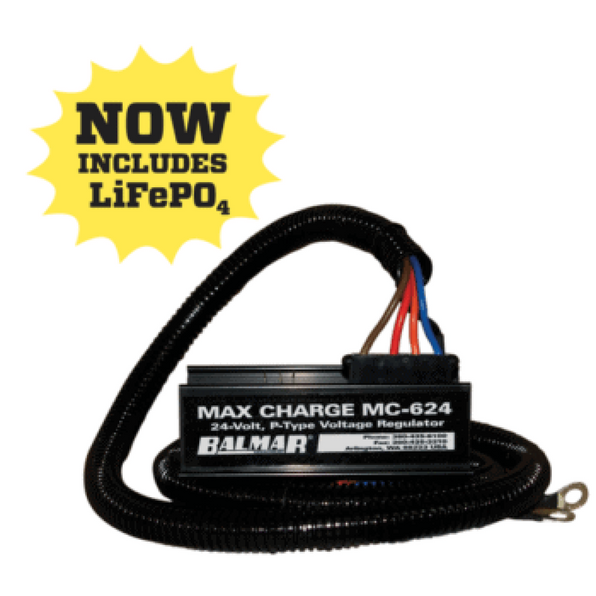 Balmar 24V Max Charge advanced regulator MC-624-H, black MC-624 box with a black harness and a LiFePO4 starburst