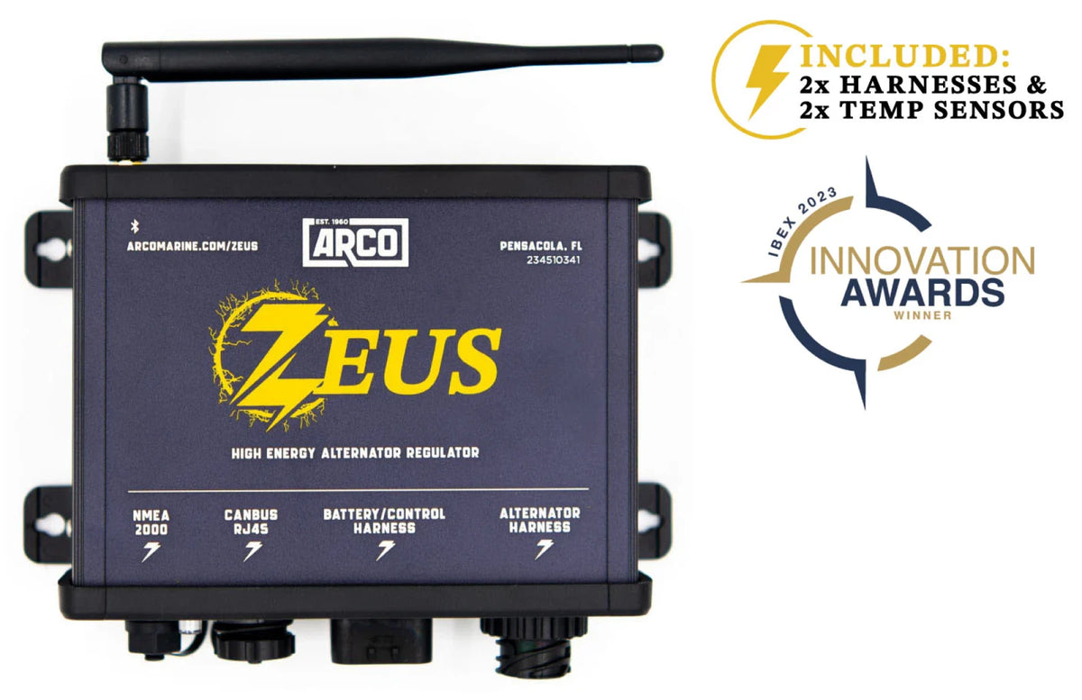 ARCO Zeus Bluetooth alternator regulator, AZ1000, black box with an antenna, a yellow Zeus logo and Innovation Awards badge