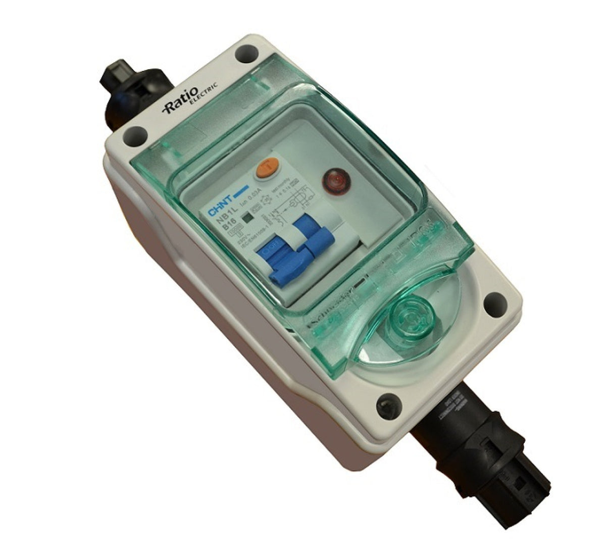 Electrical cabinet basic for the Ratio AC16 system, AC16-03, grey box with a clear cover over a breaker and black plugs