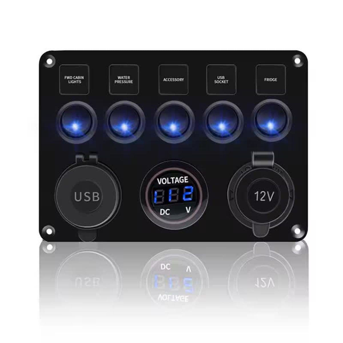 Five gang switch panel with LED rocker switches, DC-DIST-SW-5G-USB-DC, black panel with blue switches, USB, voltmeter, 12V