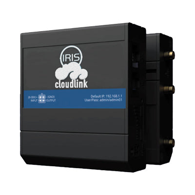 Iris Cloudlink2 subscription-free 4G cellular modem and router with WiFi, black box with an Iris cloud logo and a blue label