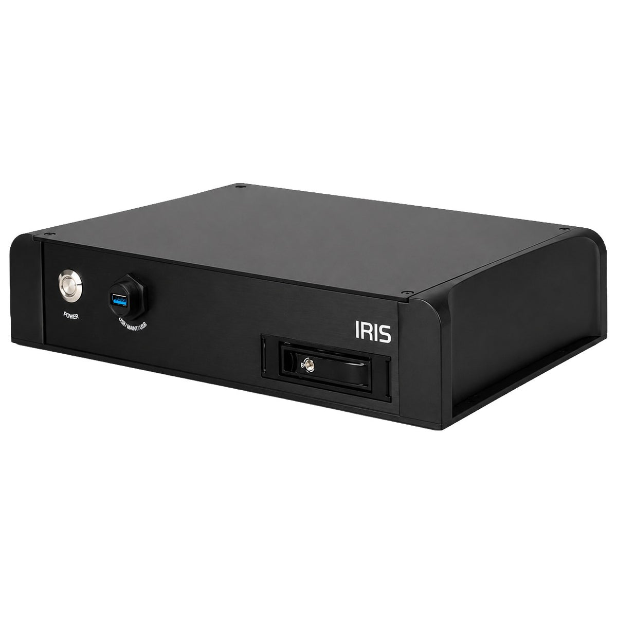 Iris CMAC-HVR 16-channel hybrid recorder, 1TB, with IrisControl app, 00030-010, black box with drive bay and Iris logo