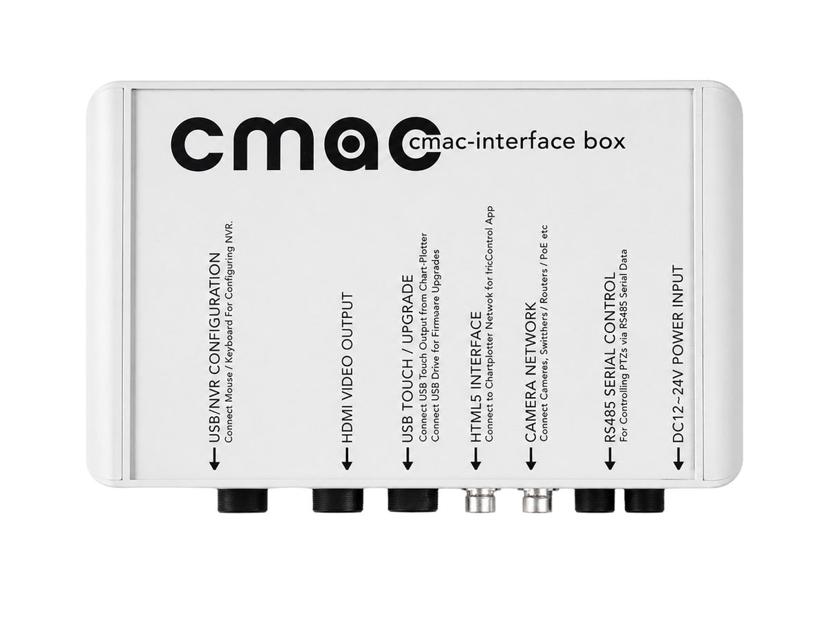 Iris CMAC-INT-001 IP camera interface and IrisControl host, 00032-005, white box labelled cmac interface box with sockets