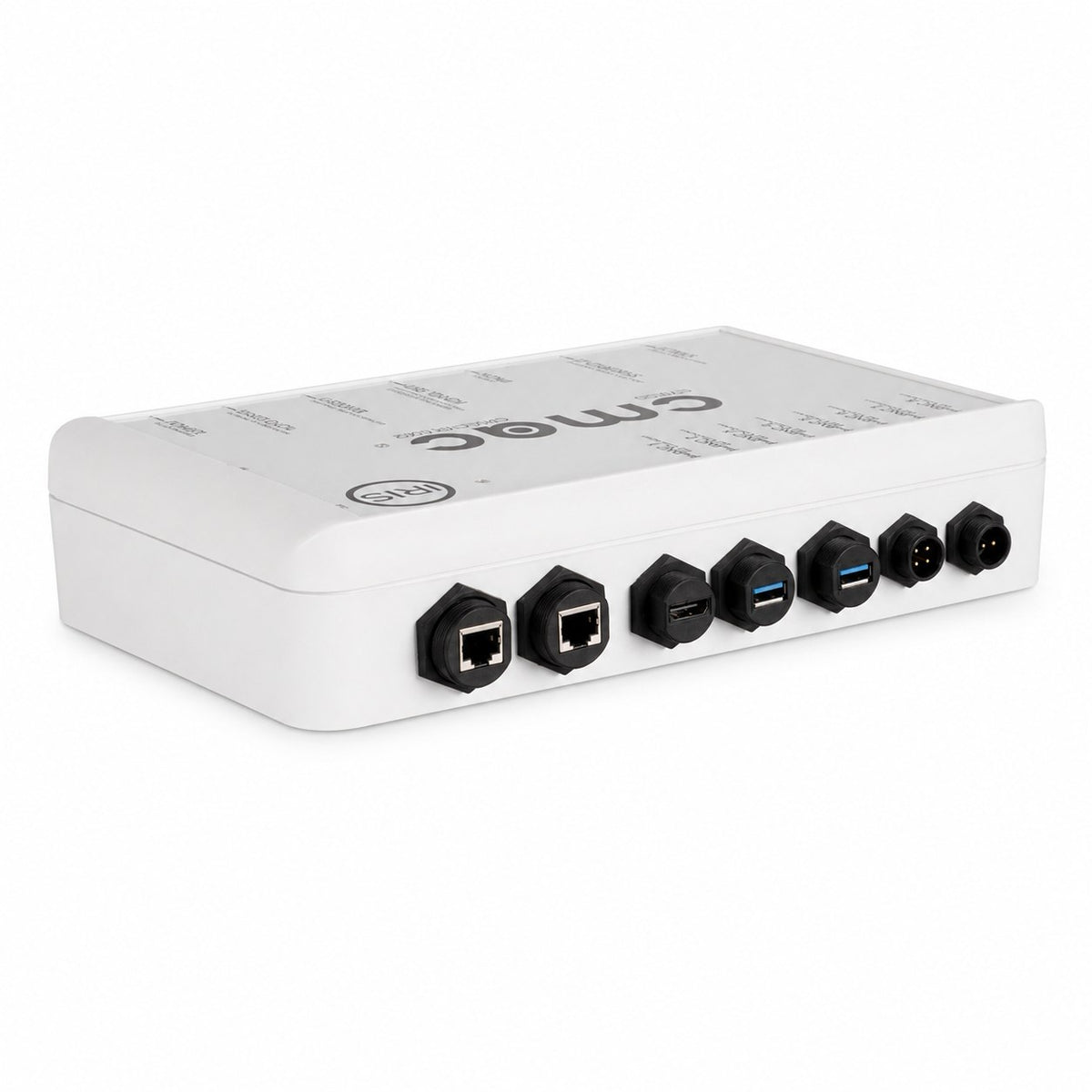 Iris CMAC-INT-002 hybrid camera interface and IrisControl host, 00033-004, white box with a row of black sockets, angled