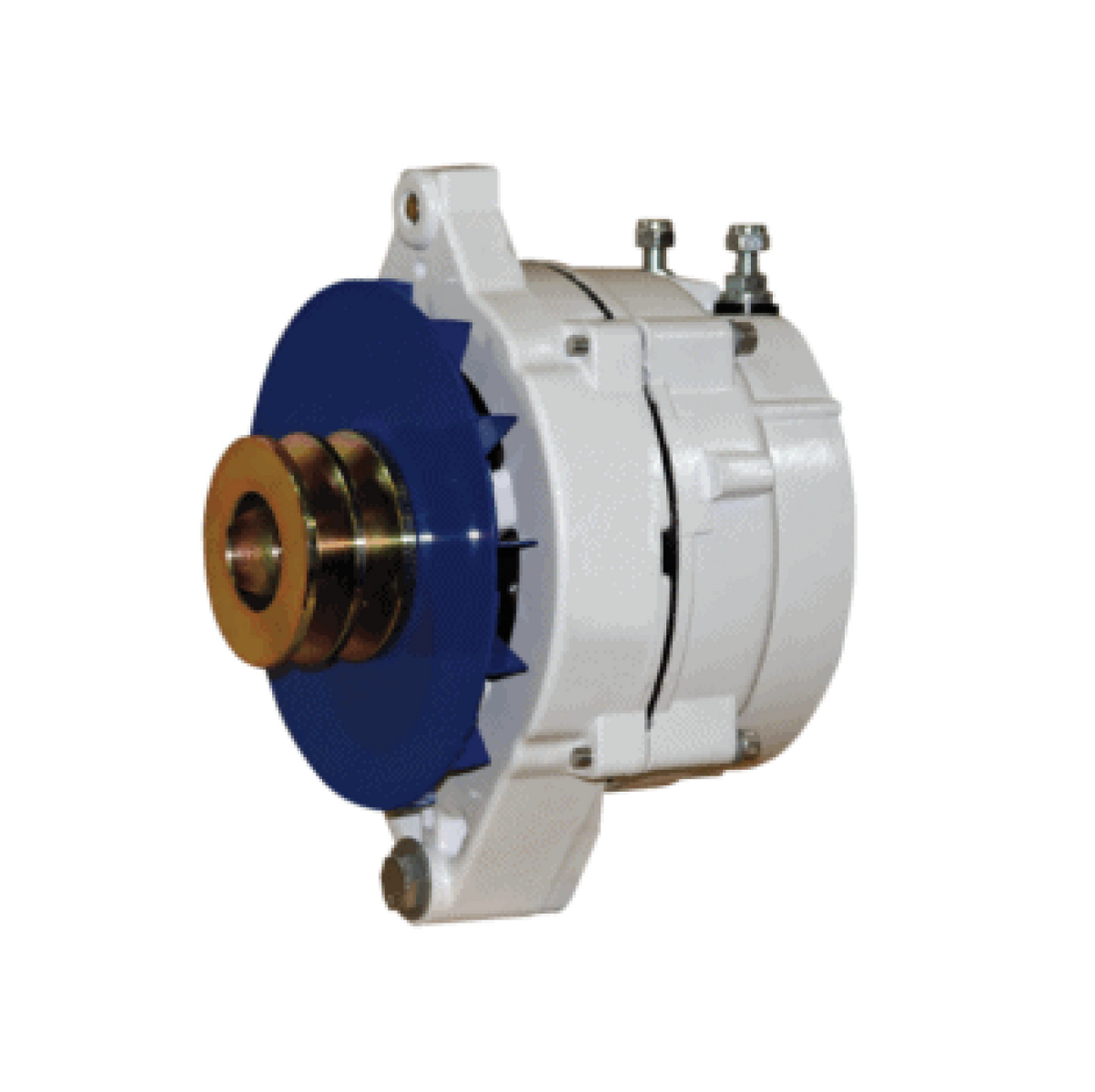 Balmar 94 series alternator 210A 12V, 94-12-210-IG, white alternator with a blue fan guard and a gold double pulley