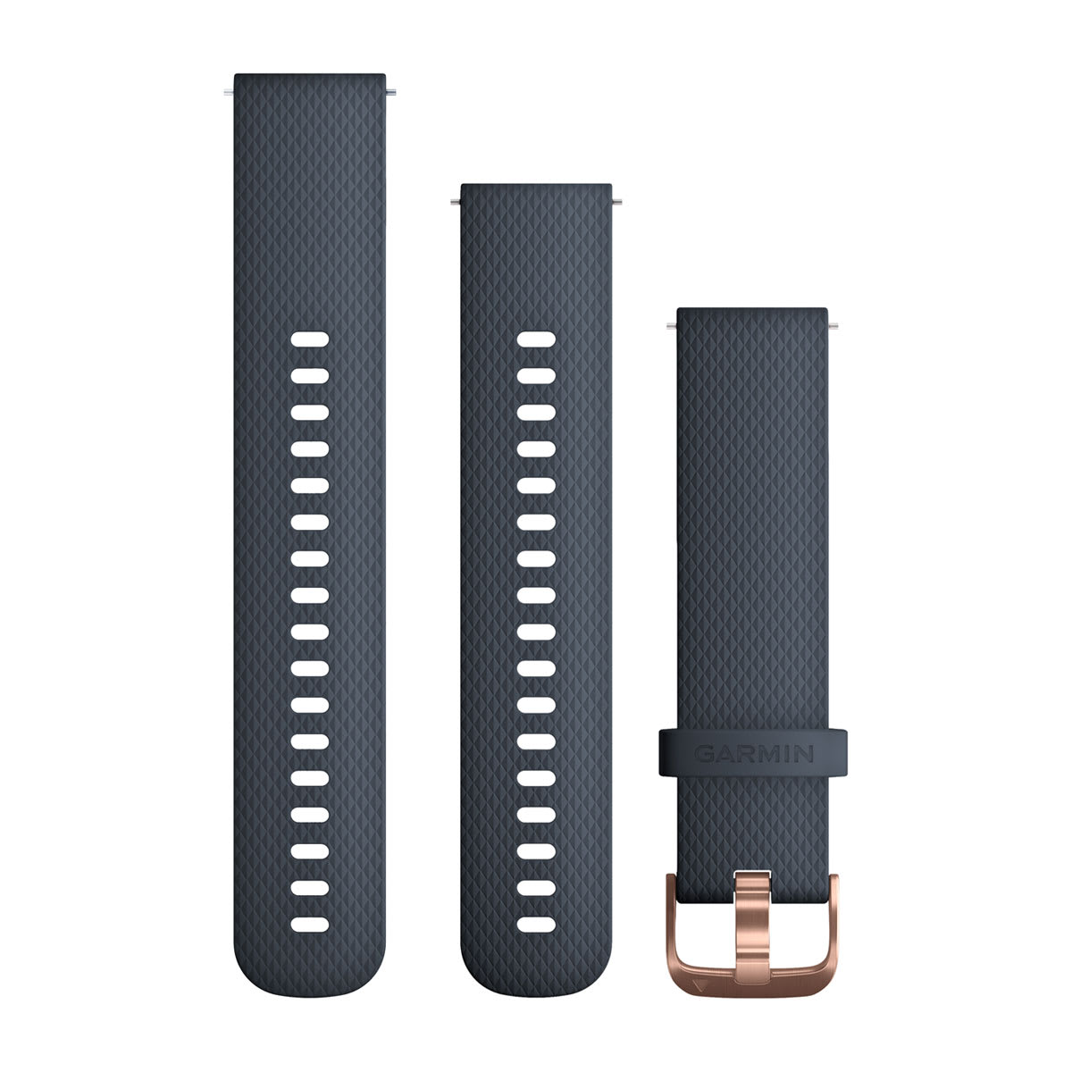 Garmin Quick Release bands 20 mm 010-12561-11 in Granite blue with rose gold hardware, three pieces shown