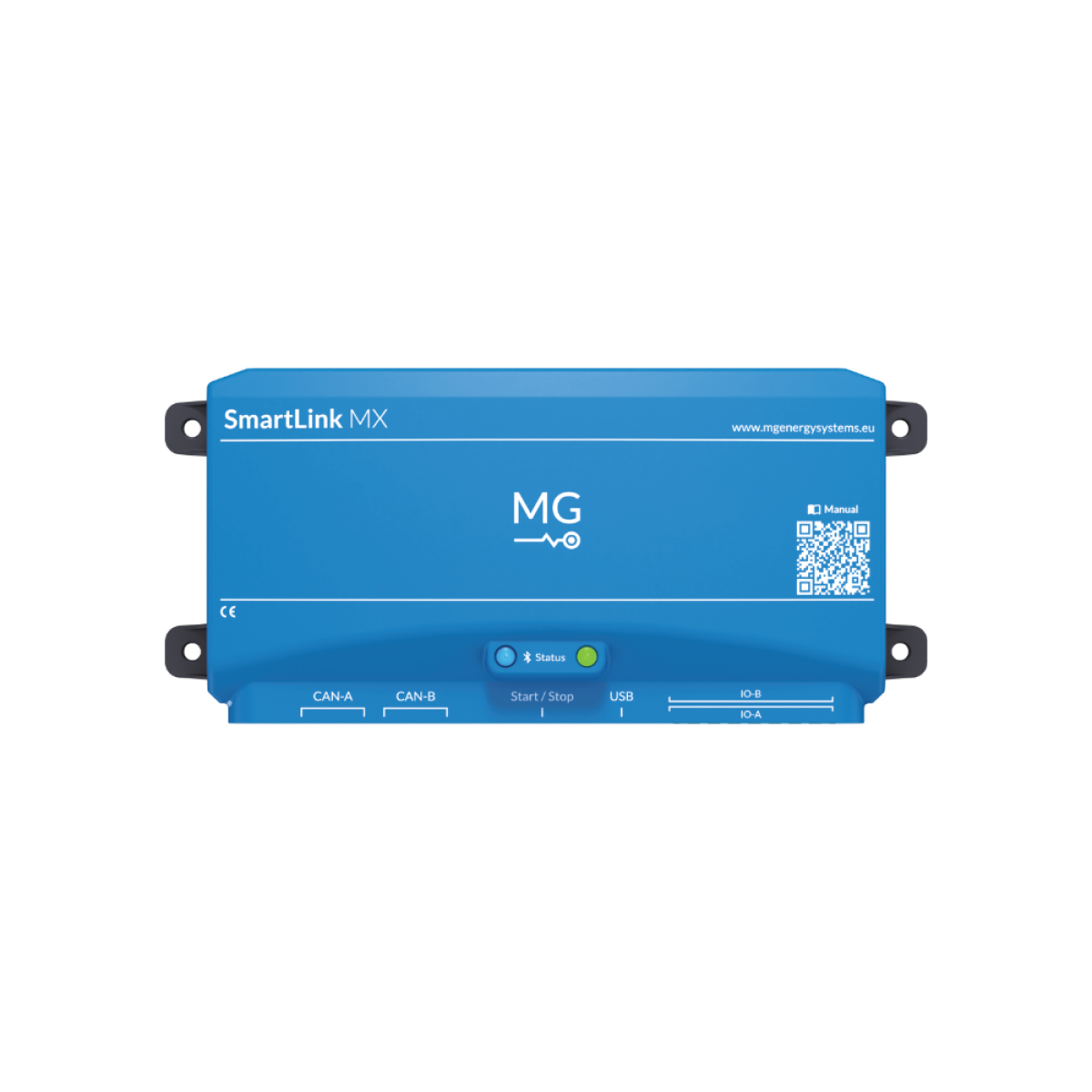 MG SmartLink MX, MGSLM48001, small blue box with an MG logo, mounting lugs, a status light, a QR code and CAN ports