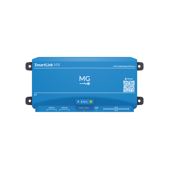 MG SmartLink MX, MGSLM48001, small blue box with an MG logo, mounting lugs, a status light, a QR code and CAN ports