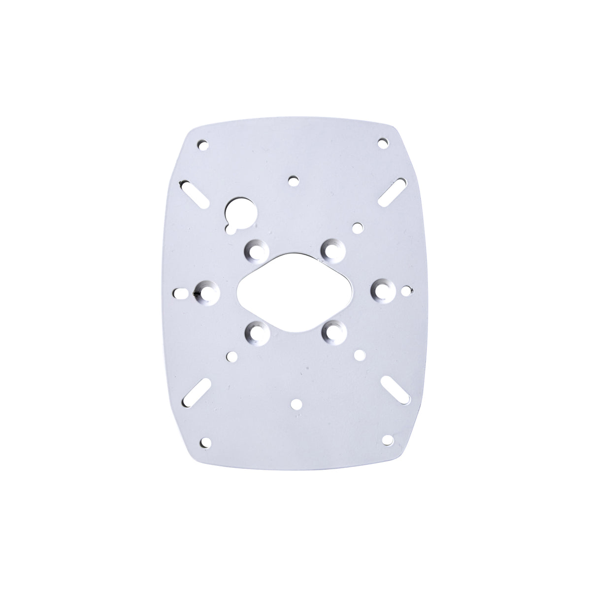 Scanstrut DPT-S-PLATE-01 white satcom plate with central cut-out, slots and bolt holes, top view