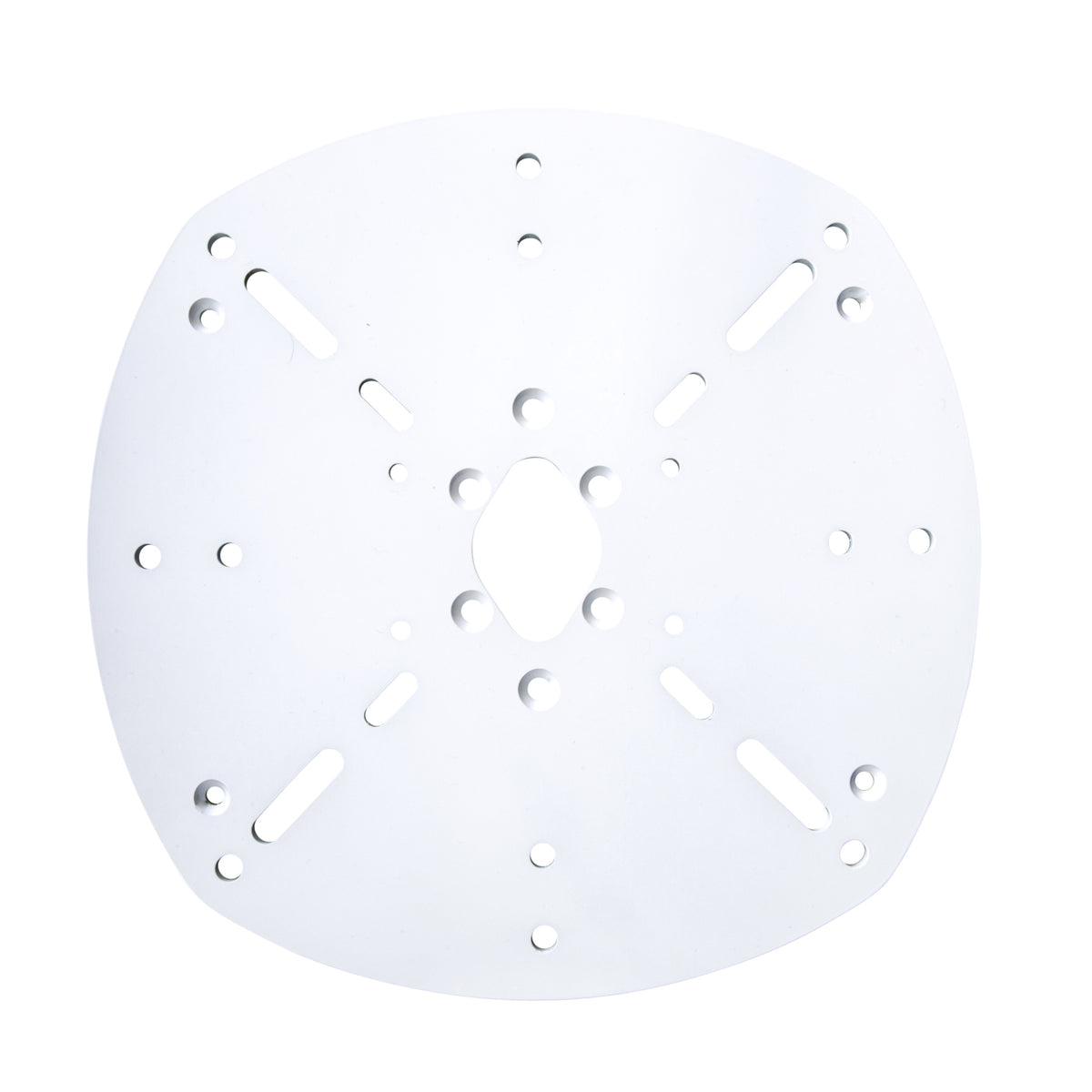 Scanstrut DPT-S-PLATE-03 white mounting plate with many drilled holes and slots around a central opening