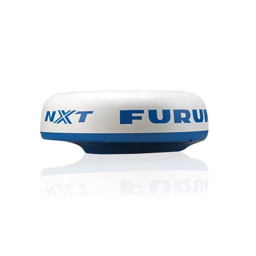 Furuno DRS4D-NXT 24 inch radome, IMD03456001, white radome with blue NXT and FURUNO lettering on a blue base
