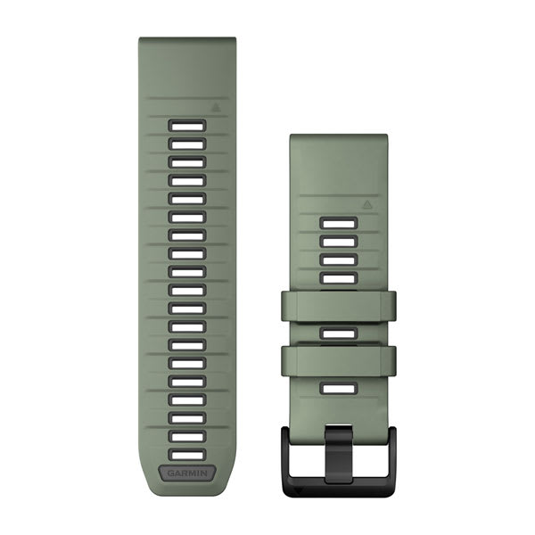 Garmin QuickFit 26 watch bands 010-13393-04 in Willow green silicone with graphite hardware, both halves shown