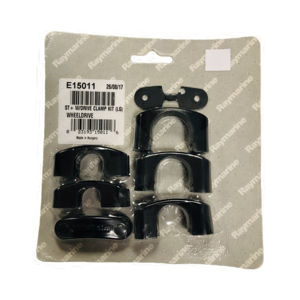 Raymarine E15011 ST4000 Plus wheel drive clamp kit, black clamps in a pack labelled E15011 on a grey backing card