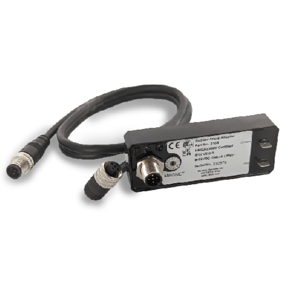 Oceanic Systems 3165 NMEA 2000 rudder angle sender adaptor, black box with a round plug and spade terminals on a lead