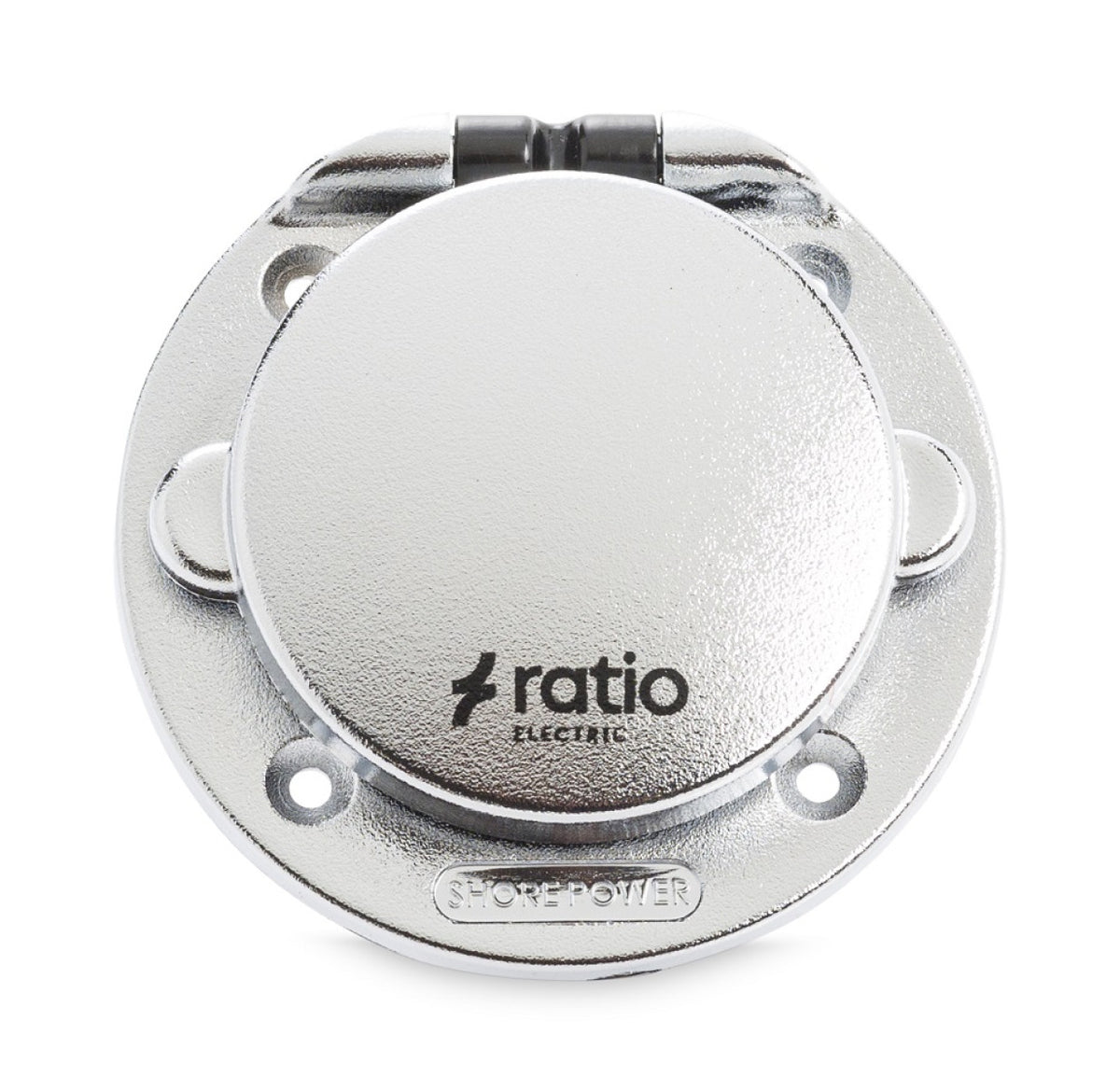 Ratio 16A inlet in chrome-plated polyamide, MP16-10-KX, round silver inlet with a hinged cap and the ratio logo