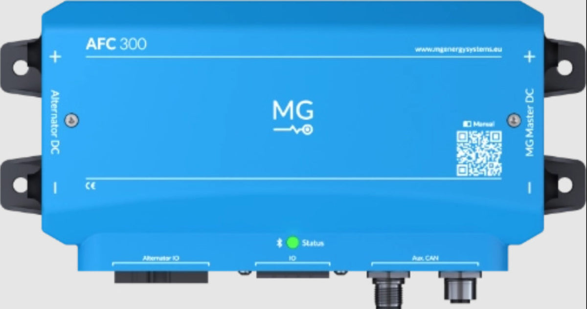 MG AFC300 alternator field controller, MGAFC480300, blue box with an MG logo, mounting lugs and a QR code