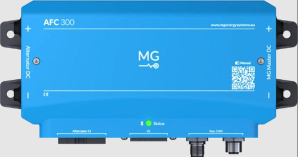MG AFC300 alternator field controller, MGAFC480300, blue box with an MG logo, mounting lugs and a QR code