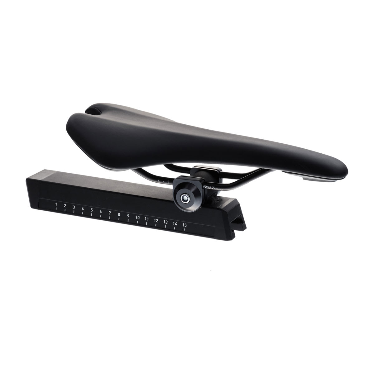 Tacx NEO bike saddle and saddle mount S8000.04, black saddle on a long graduated seat post shown from the side