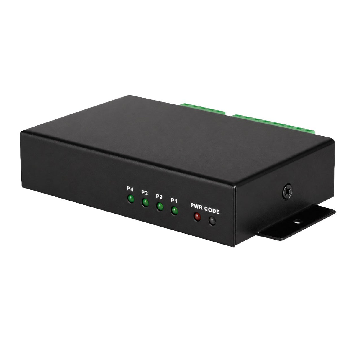 Iris EXP0408 RS485 serial data distributor, 4 in 8 out, 00133-000, flat black box with indicator lights and green terminals