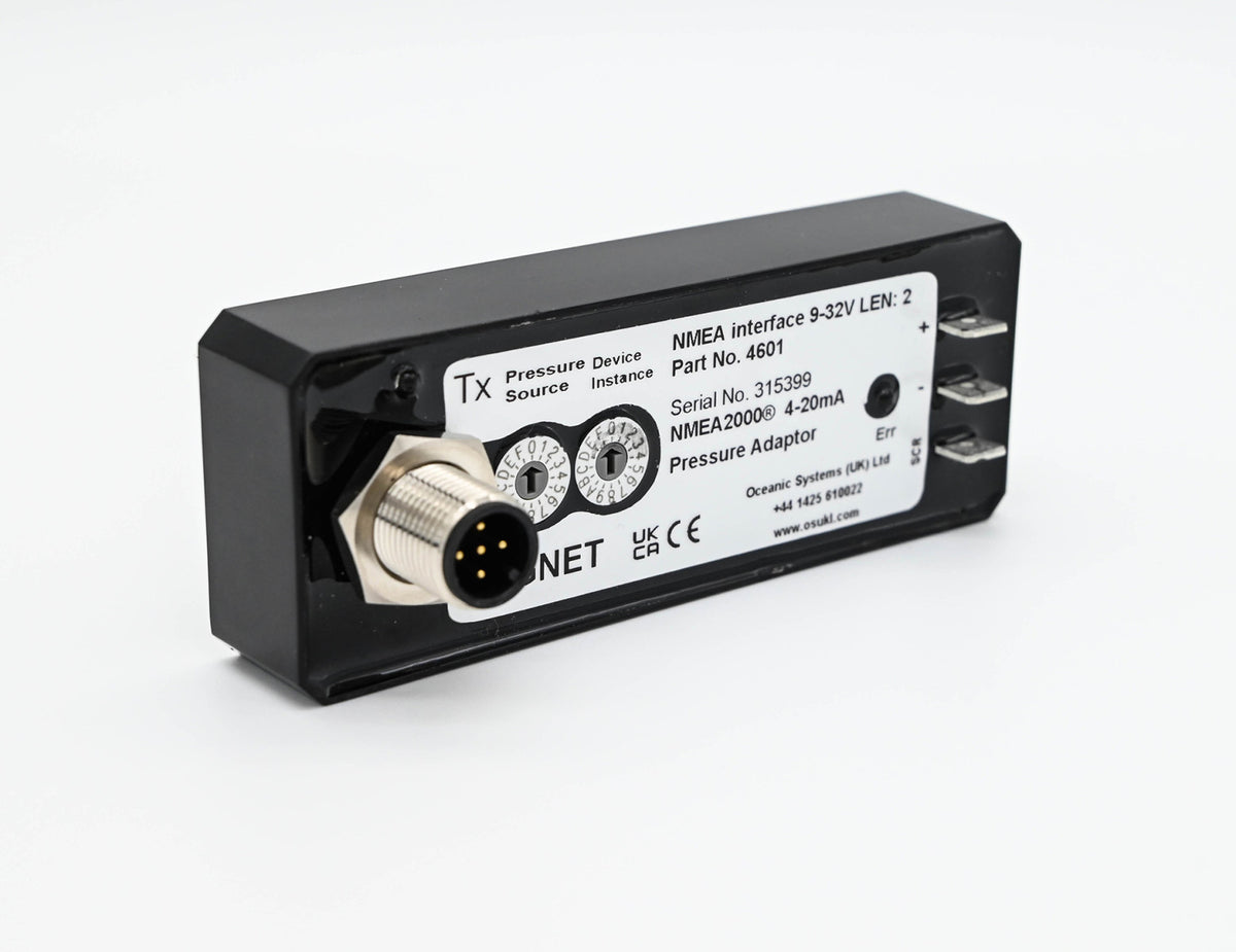 Oceanic Systems 4601 pressure adaptor, black box with a round plug, a rotary switch and three spade terminals