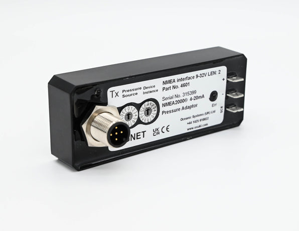 Oceanic Systems 4601 pressure adaptor, black box with a round plug, a rotary switch and three spade terminals