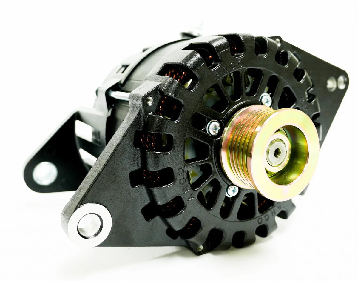 ARCO alternator 24V 4kW, 4403, black finned alternator with a gold multigroove pulley and a 4 inch dual foot mount
