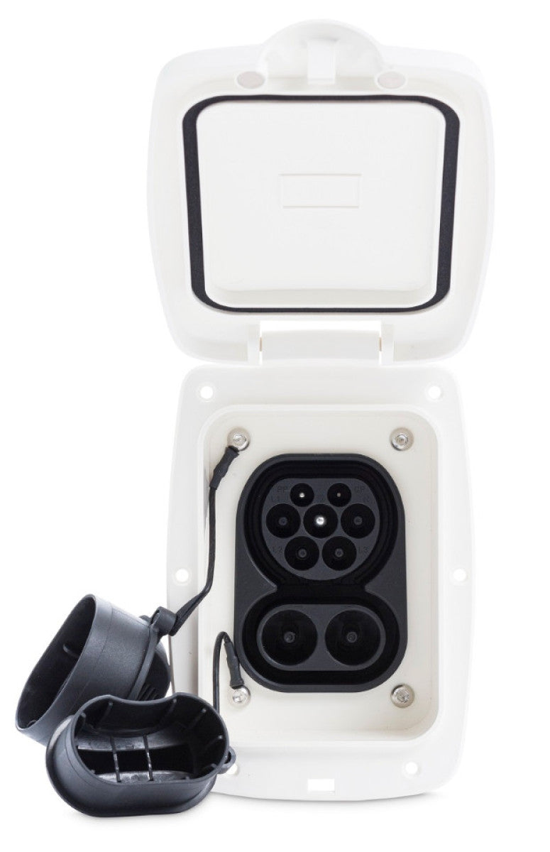 Ratio CCS boat inlet for EV charging from land side, CCS-10, white box with an open hinged lid and a black CCS socket