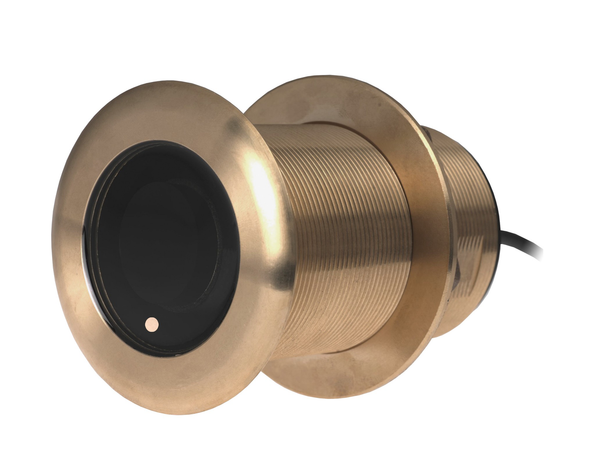 Raymarine B75M 600W bronze through hull CHIRP transducer 20 degree tilt A80036, angled view of the bronze body and face