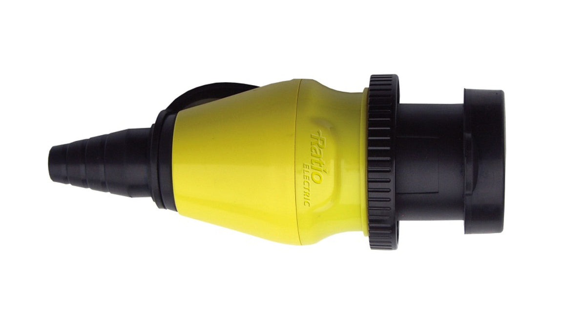Ratio coupler for Ratio shore power inlet 32A 250V, MP32-110, yellow and black round female coupler seen side-on