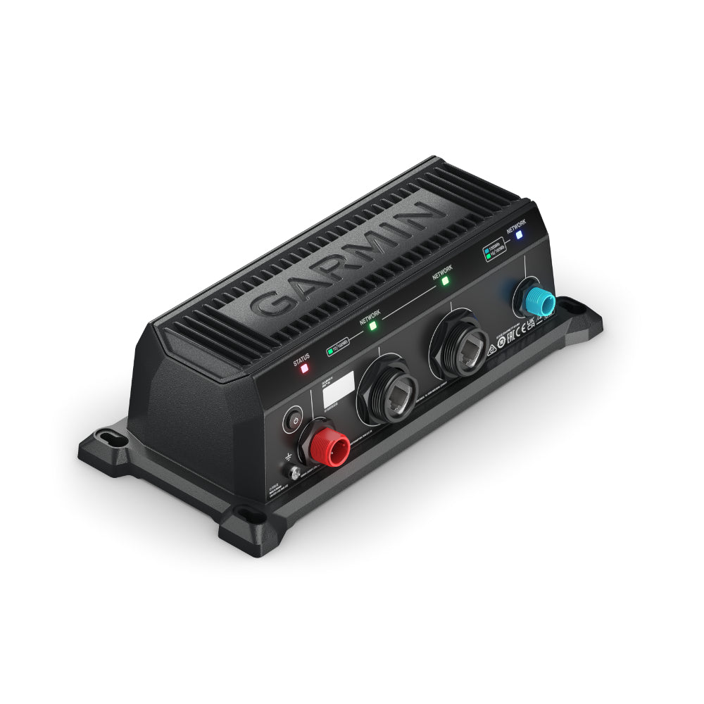 Garmin BlueNet 30 010-02613-00 gateway, black box with Garmin lettering, red power and blue network sockets