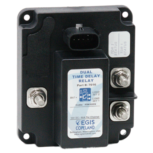 EGIS Copeland 7616 dual time delay relay seen from above, black body, connector socket, white label and two terminal studs