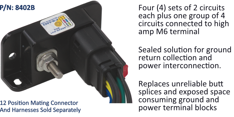 EGIS 8402B sealed break-out box, M6 input stud and black connector with blue, green, yellow and red wires to the right