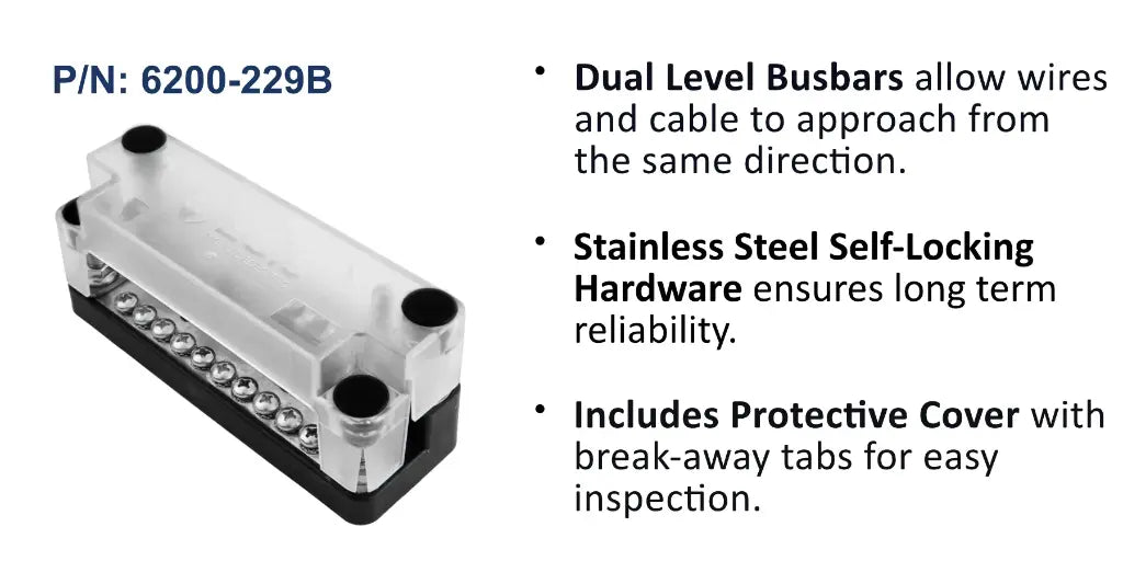 EGIS 6200-229 200A dual level busbar, 19 screw terminals under a clear cover on a black base, front view