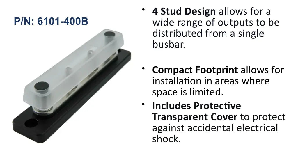 EGIS 6101-400B 100A MiniBus busbar with clear cover and black caps over four studs, angled view